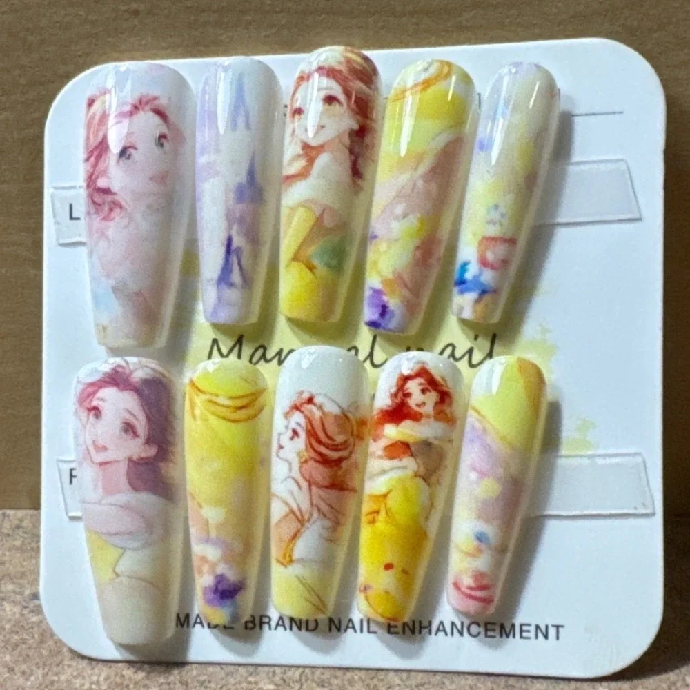 Anime Princess Press On‎ Nails Watercolor Long Coffin Full Set 10pc Hand Painted